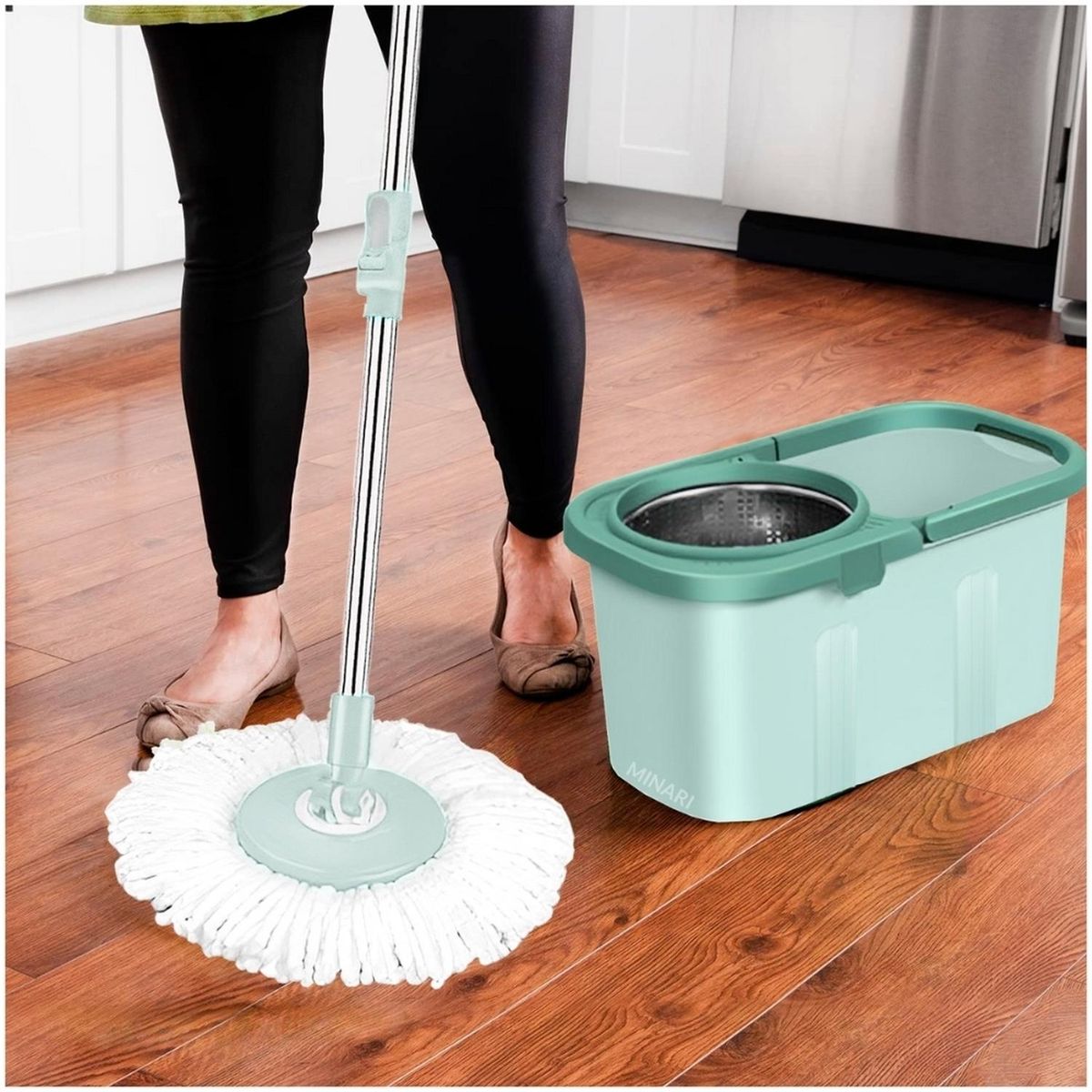 MINARI - Trapeador Premium Escurridor Giratorio 2 Mopas Verde T02V