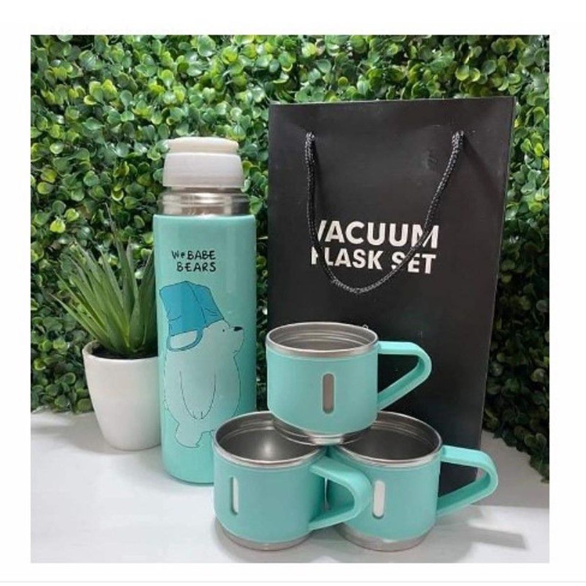 GENERICO - Termo 500ml de Osos Escandalosos  + 3 Tazas+Caja VERDE