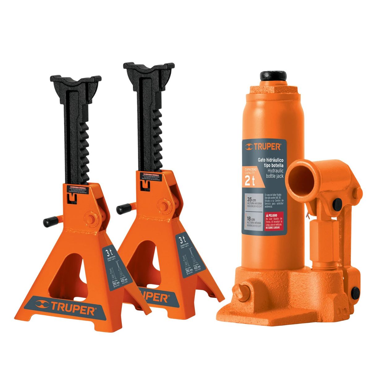 TRUPER - Combo Gata Hidraulica 2Tn Tipo botella + Caballete 3 toneladas truper