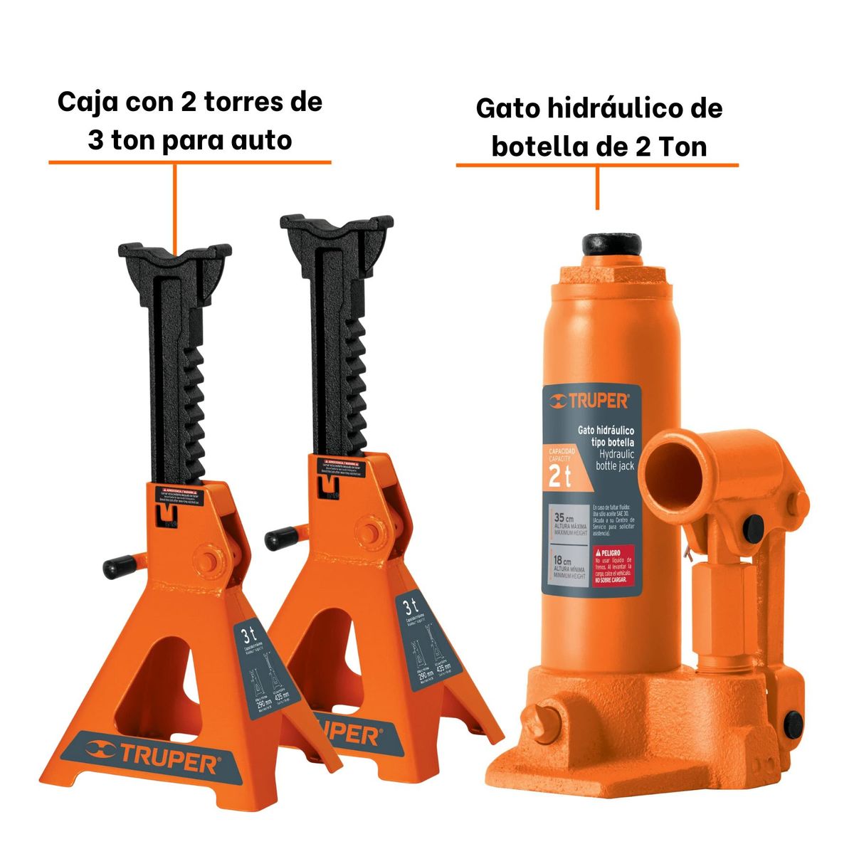 TRUPER - Combo Gata Hidraulica 2Tn Tipo botella + Caballete 3 toneladas truper