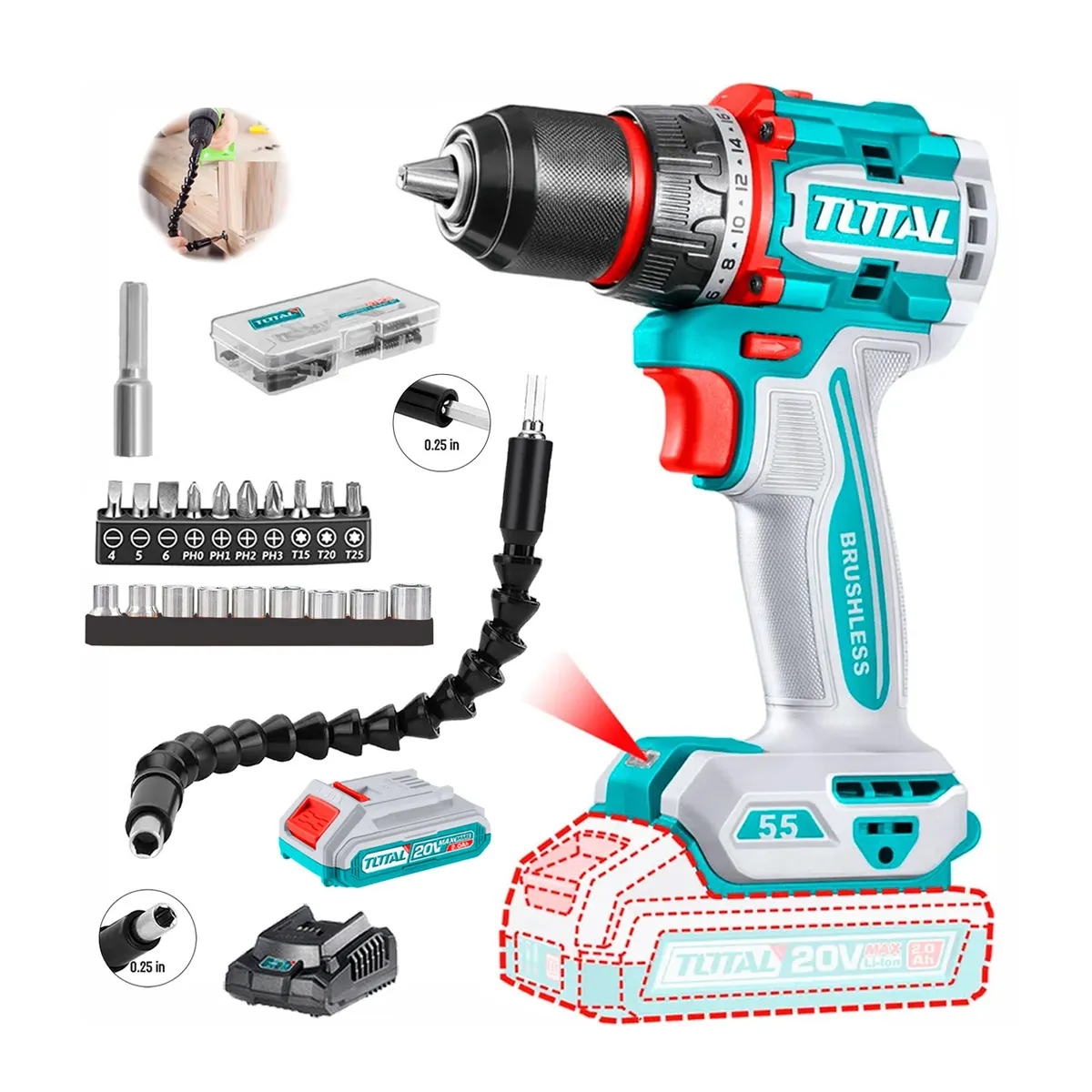 TOTAL TOOLS - Taladro Atornillador inalámbrico Total 20V + Batería + 21 accesorios