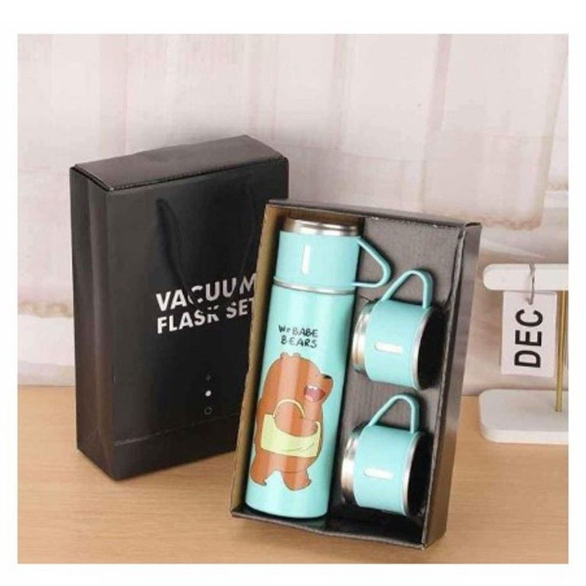 GENERICO - Termo + 3 Tazas+Caja  de Osos Escandalosos de Calidad VERDE