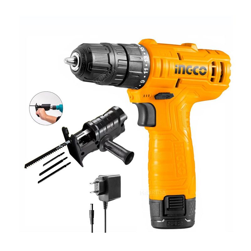 INGCO TOOLS - COMBO TALADRO ATORNILLADOR INALÁMBRICO 12V  ADAPTADOR CALADORA  SIERRA