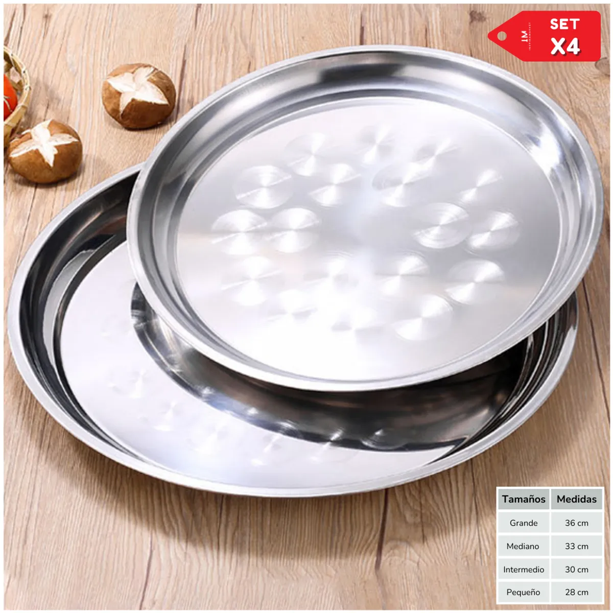 INSPIRA MARKET - Set x 4 Bandejas azafates de acero inoxidable 28, 30, 33 y 36 cm