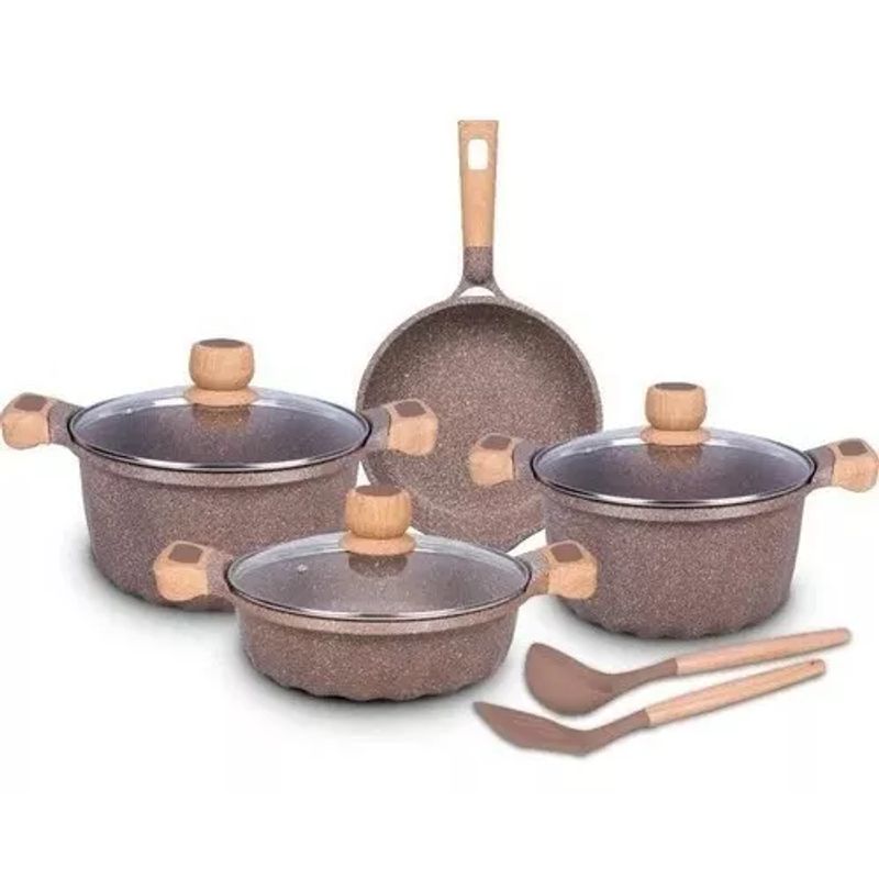 GENERICO - Juego De Olla Roca Volcanica Antiadherente 9pcs Café - MGC