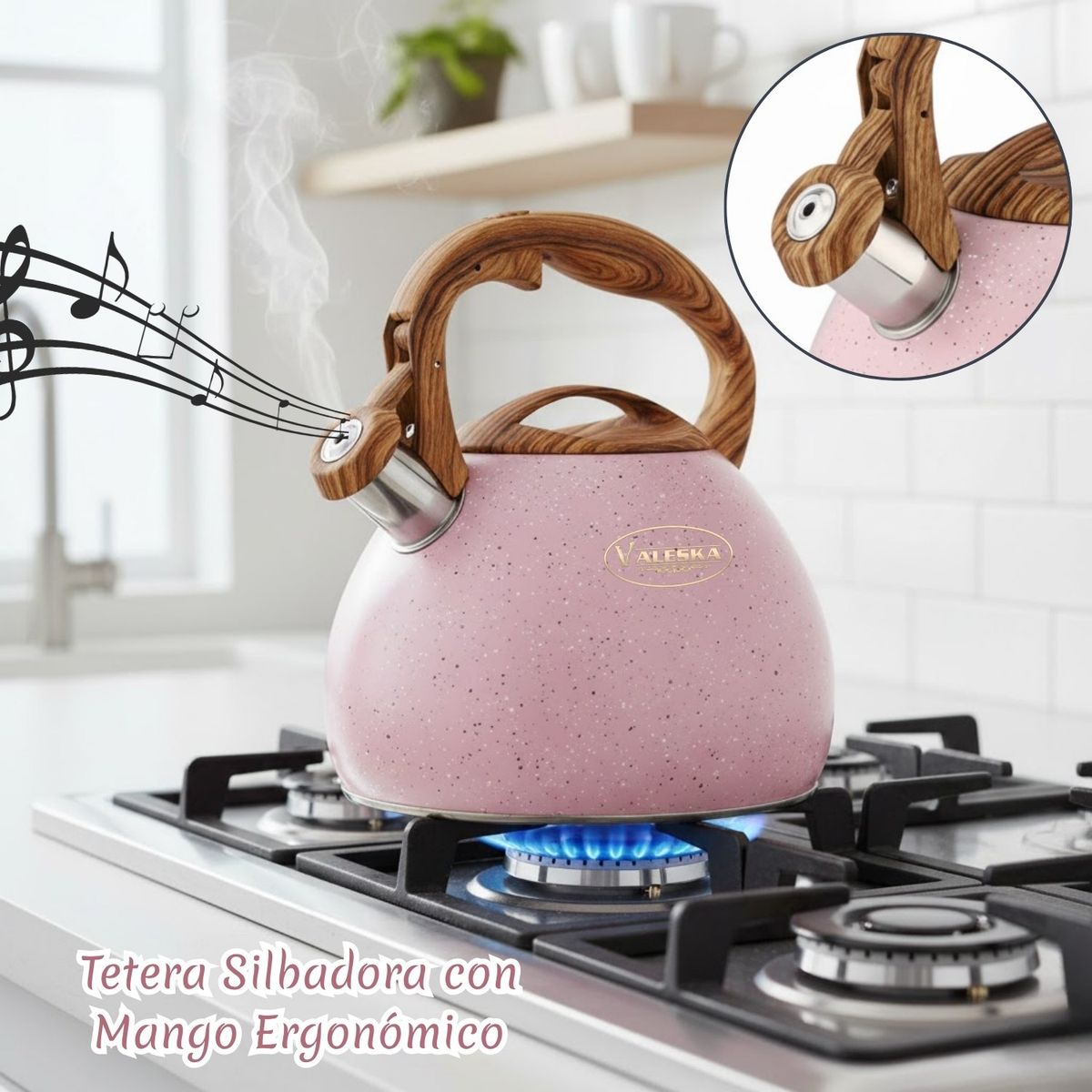 VALESKA - Tetera Valeska Estilo Roca Volcánica con Silbato 5L Rosado