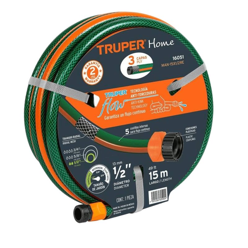 TRUPER - Manguera de riego 15m + pistola de riego 8 funciones Truper