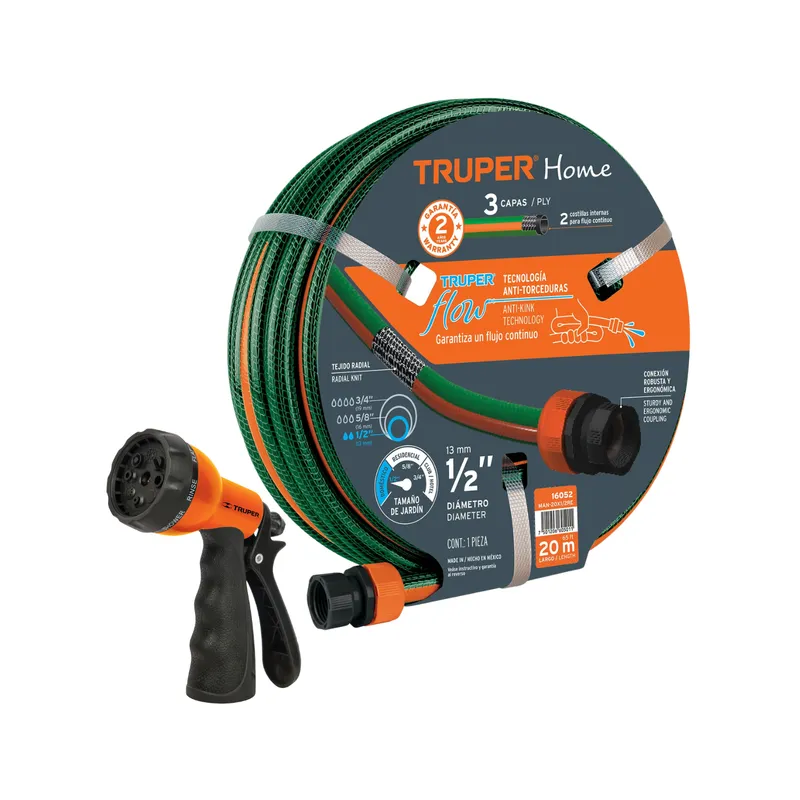 TRUPER - Combo manguera 20 metros + pistola de riego 8 funciones Truper