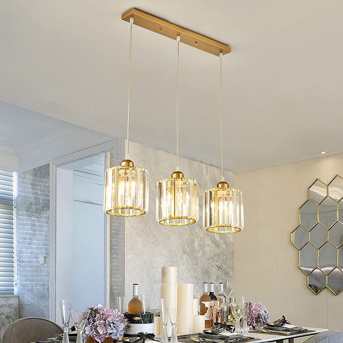 HOME NEAT - Lámpara Colgante Strip Cristal Redonda 3L E27 Oro