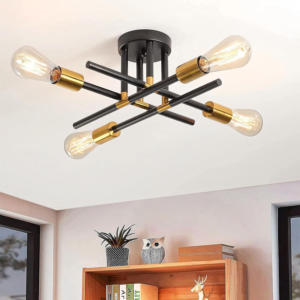 HOME NEAT - Lámpara de techo moderna metálica de 4 focos - Negro y Dorado