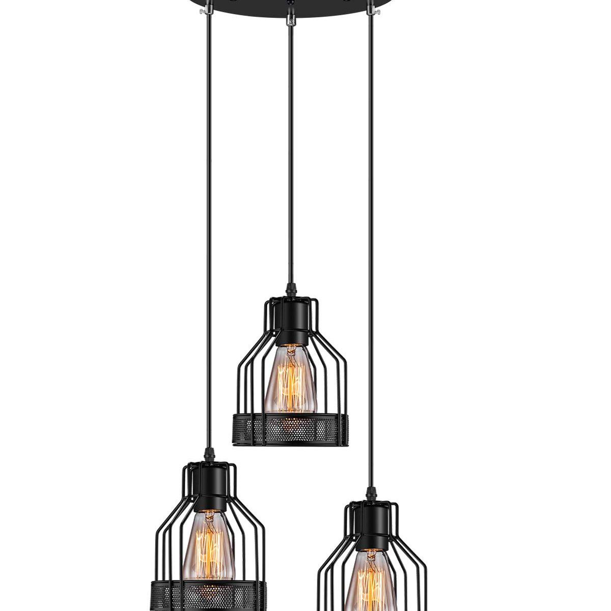 HOME NEAT - Retro lámpara de techo redondo 3 luz e27 lámpara colgante metal negro
