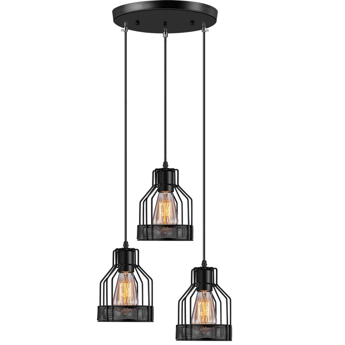 HOME NEAT - Retro lámpara de techo redondo 3 luz e27 lámpara colgante metal negro