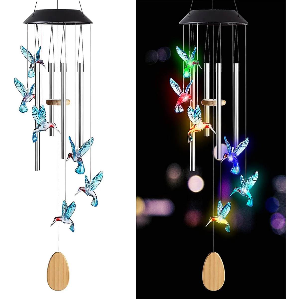 HOME NEAT - Lámpara de campanas de viento solar tubos de aluminio colibrí azul