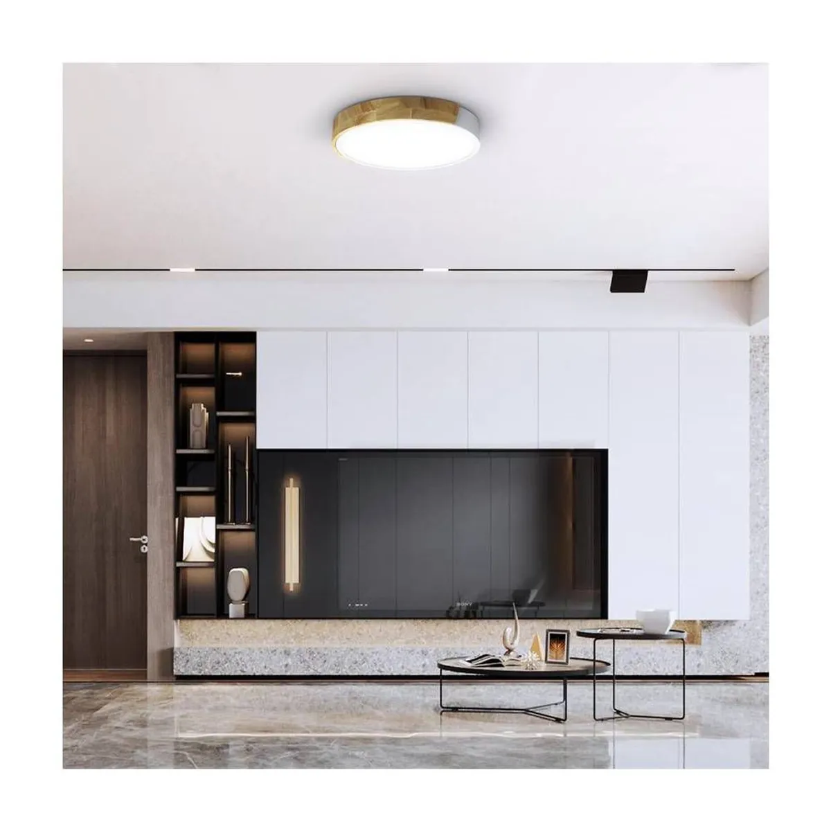 HOME NEAT - Lámpara LED 30 cm Borde Blanco y Madera