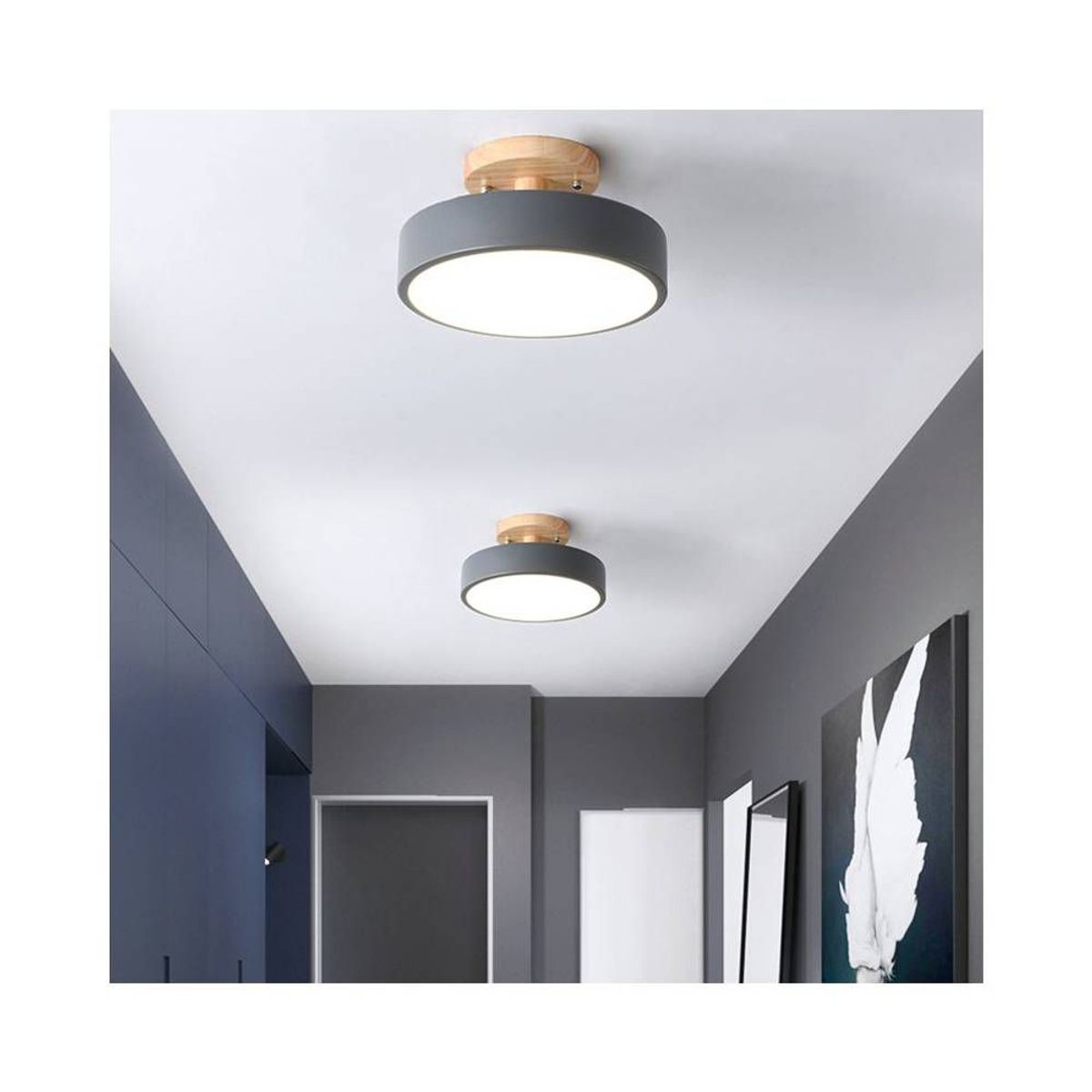 HOME NEAT - Lámpara de techo LED de 18cm con base de madera - Gris