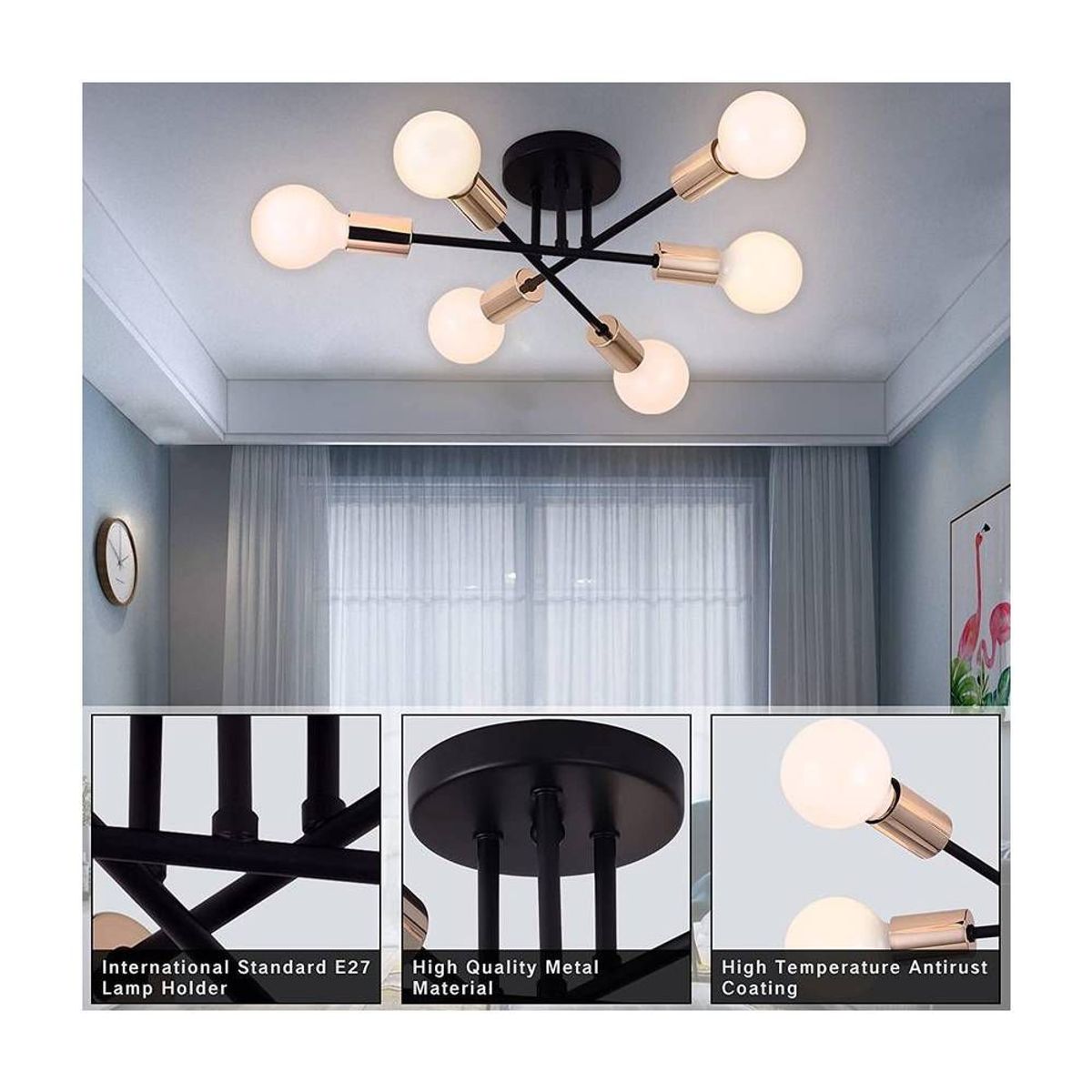 HOME NEAT - Lámpara de techo metálica de 6 focos - Negro y Dorado