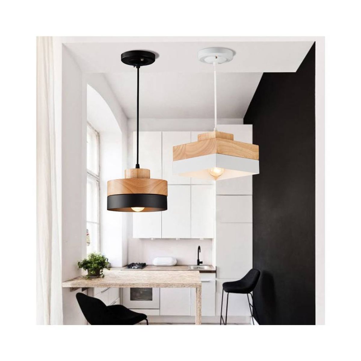 HOME NEAT - Lámpara de Colgante de Madera Moderna Cuadrada Nórdica E27 Blanco