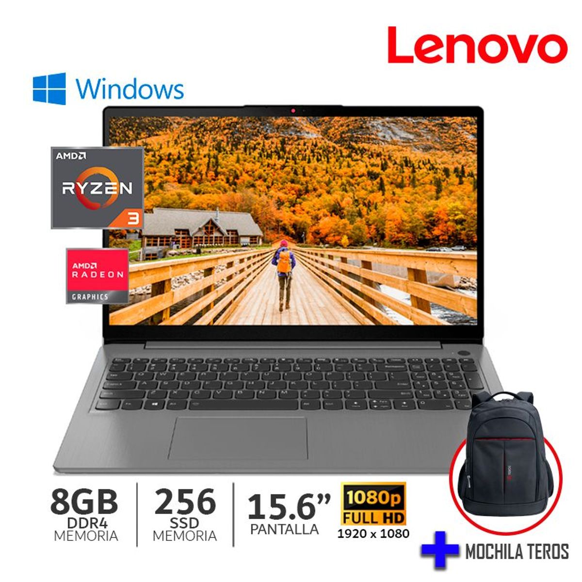 LENOVO - LAPTOP LENOVO V15 G3 ABA RYZEN 3 5425U 8GB RAM/256GB SSD/ 15.6 FHD-WIND-82TV0071LM + MOCHILA TEROS