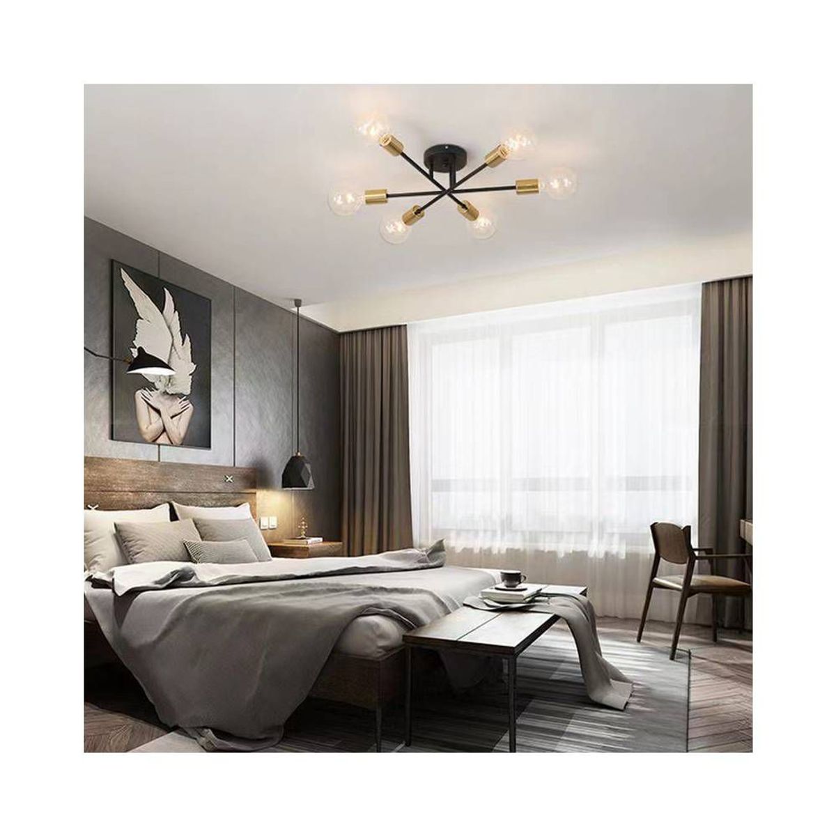 PUREPOWER - Lámpara Techo Colgante Industral Negro Y Dorada 6 Luces