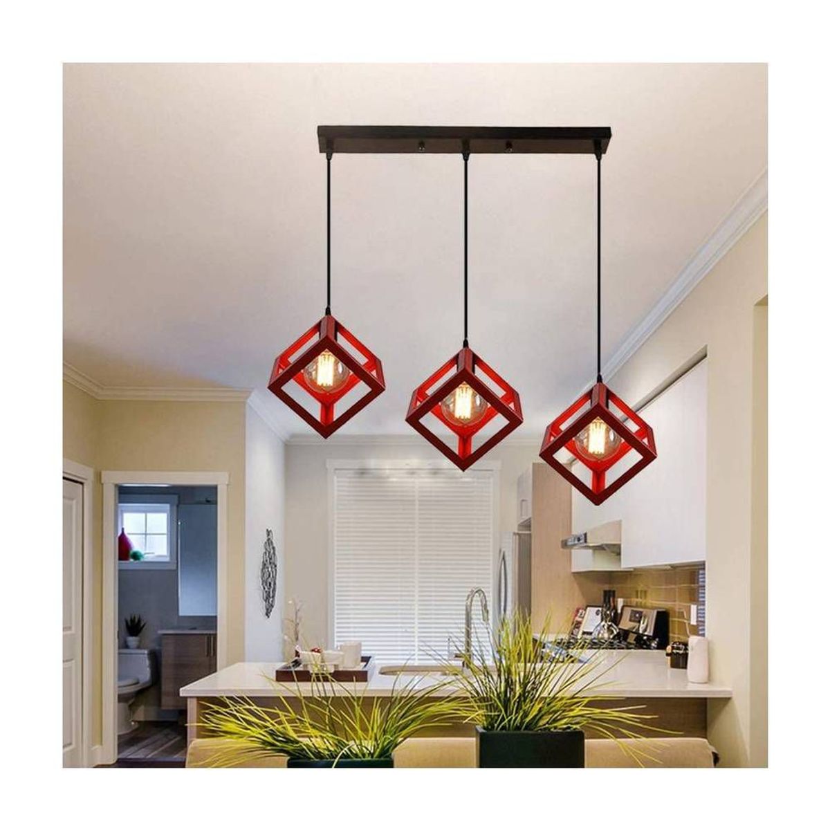 HOME NEAT - Modern lámpara de techo cubos 3 cabezas lámpara colgante metal rojo
