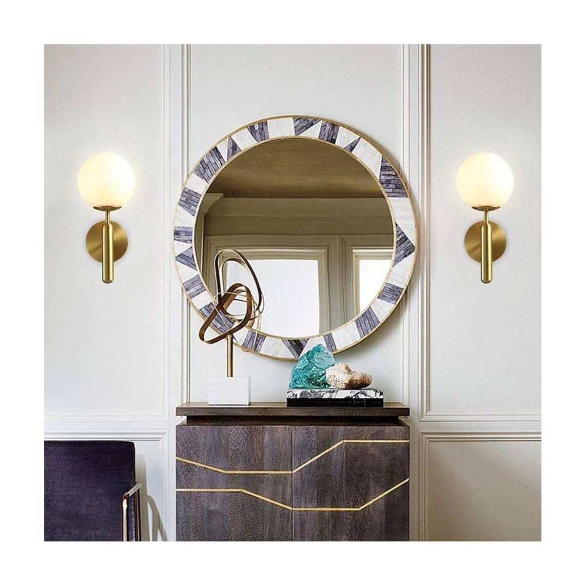 HOME NEAT - Lámpara de pared moderno con pantalla de bola vidrio blanco E27 oro