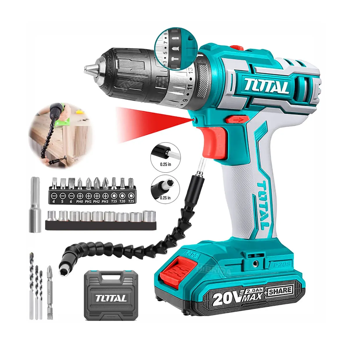 TOTAL TOOLS - COMBO TALADRO ATORNILLADOR PERCUTOR 20V EXTENSOR PUNTAS DADOS PRO