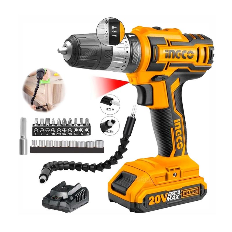 INGCO TOOLS - COMBO TALADRO PERCUTOR 20V INALÁMBRICO +  ADAPTADOR PUNTAS DADOS INGCO