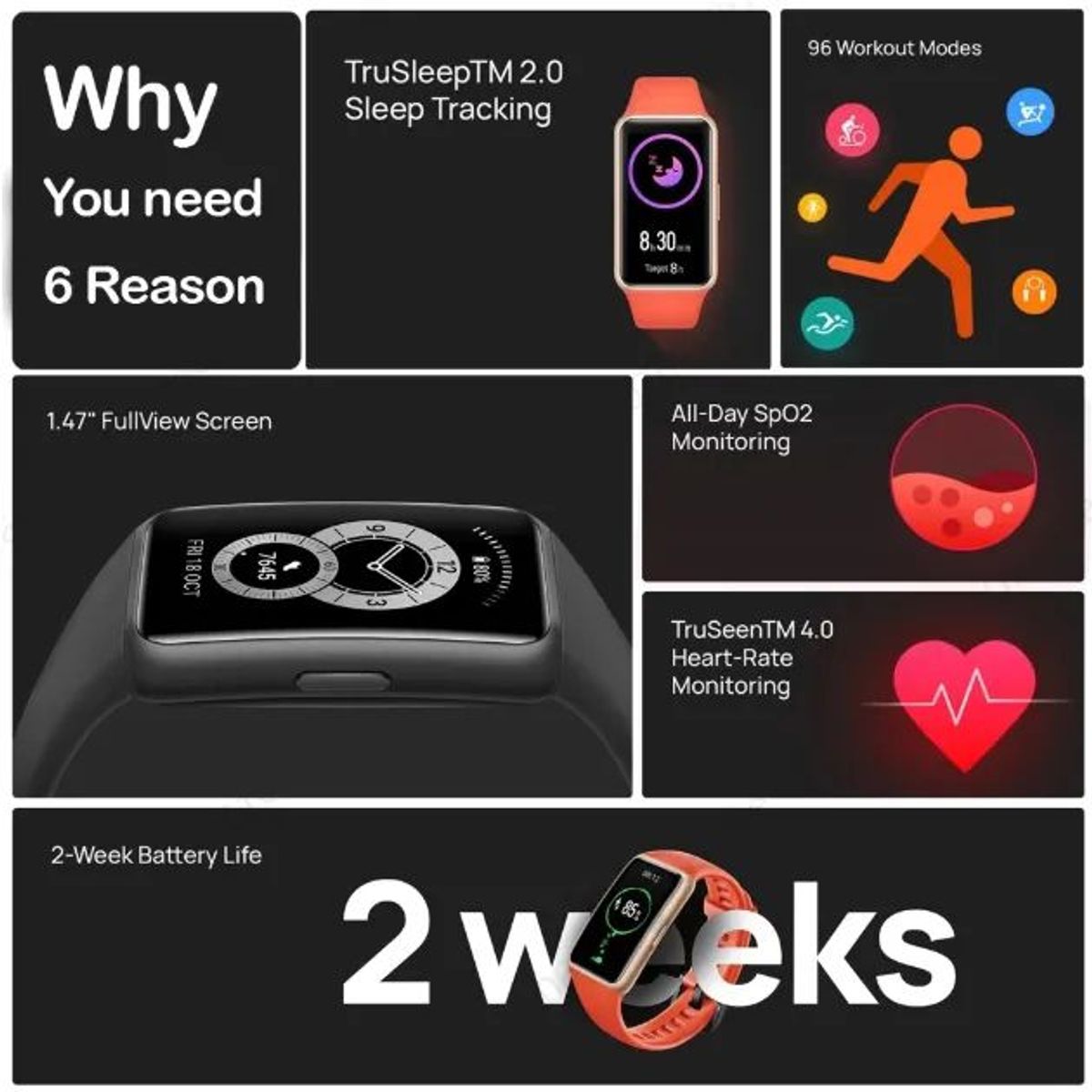 HUAWEI - Huawei Band 6 Reloj Pulsera inteligente Brazalete Bluetooth-Negro