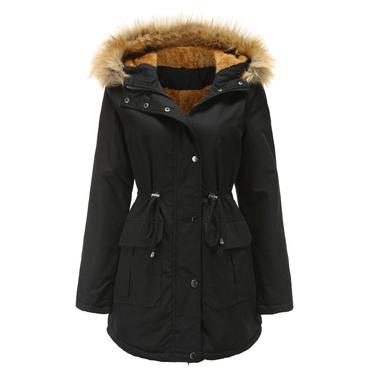 BLWOENS - Abrigo con capucha de lana Artificial para mujer-Negro