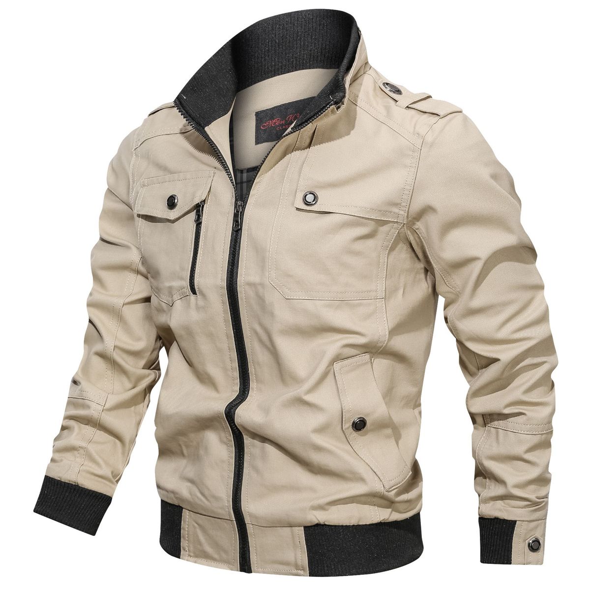 GENERICO - Cazadora con cremallera con bolsillo con solapa Chaqueta para hombre-Beige