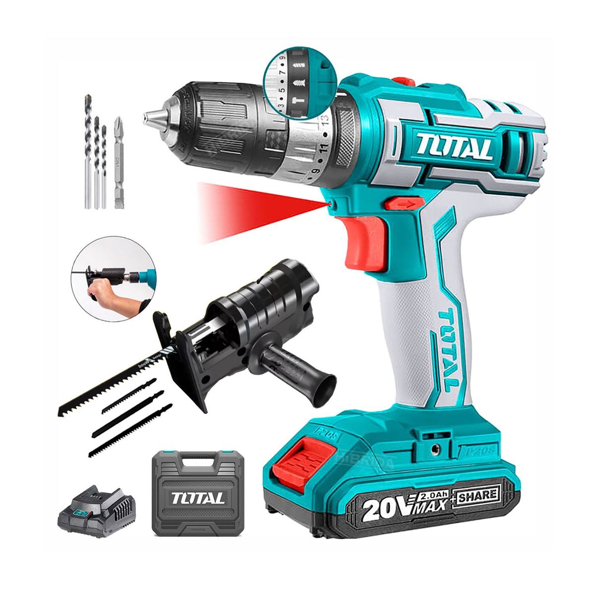 TOTAL TOOLS - COMBO TALADRO ATORNILLADOR PERCUTOR 20V ADAPTADOR SIERRA CALADORA