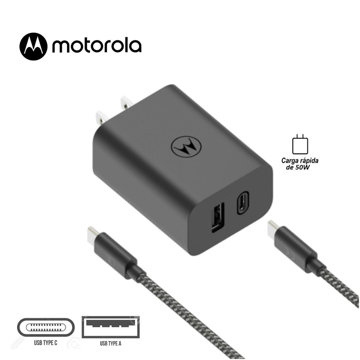 MOTOROLA - Cargador de Pared Motorola DoblePuerto UsbC y UsbA C-Rapida T-Power50W