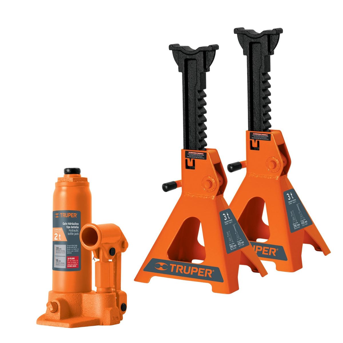 TRUPER - Gata hidráulica botella 2 toneladas +2 Caballetes 3TN Truper