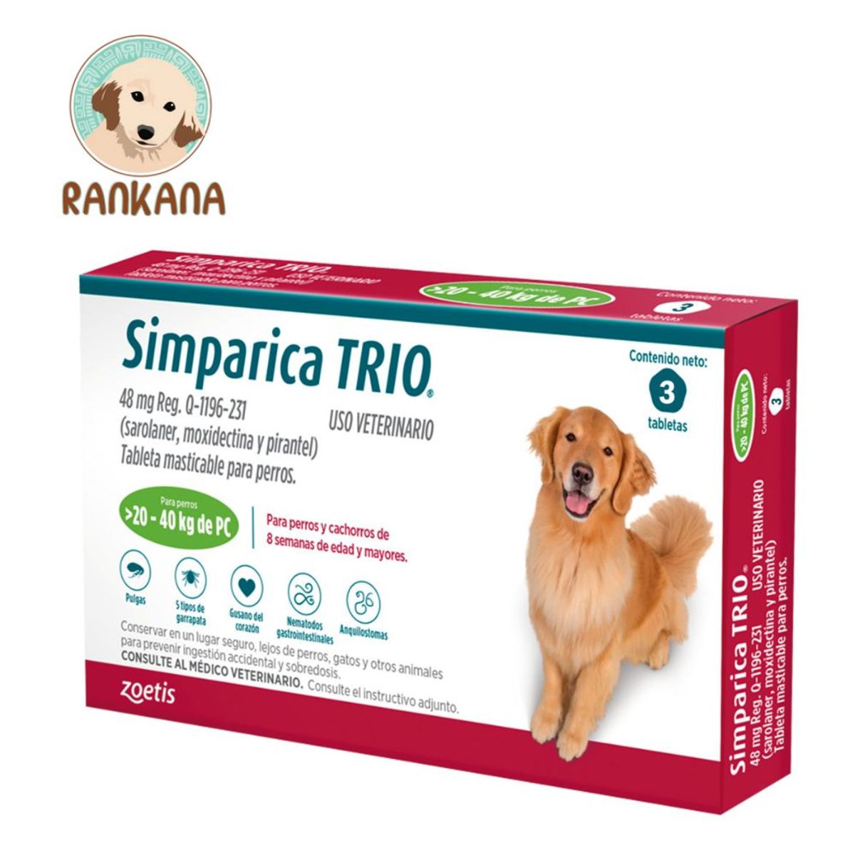 SIMPARICA - Antipulgas Simparica Trio 3 Tabletas Perros 20-40 Kg