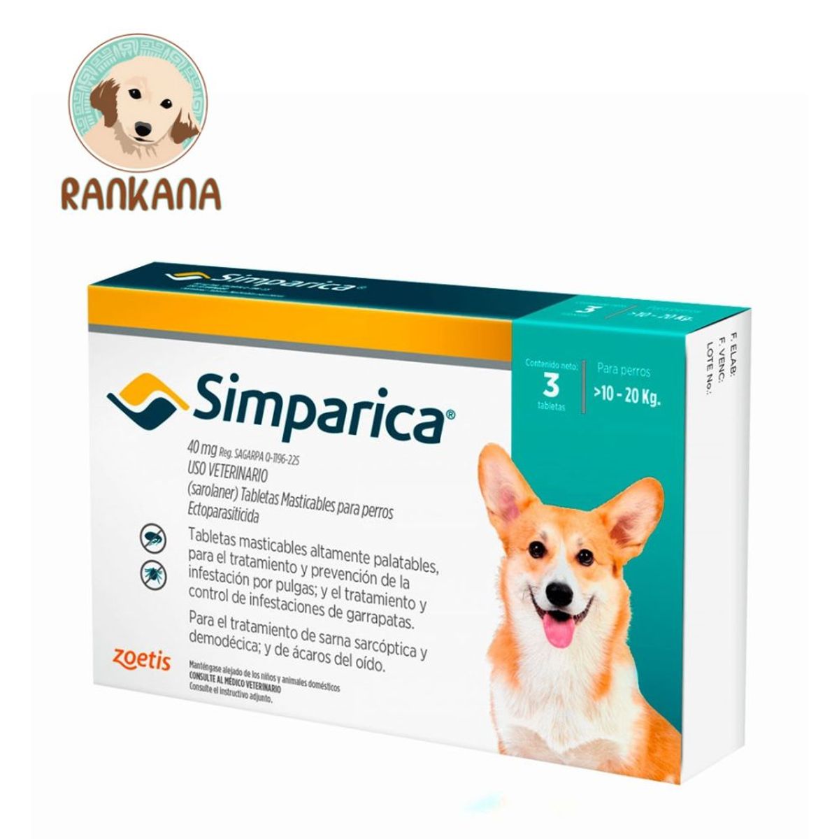 SIMPARICA - Antipulgas Simparica Perros 10-20 Kg  3 Tabletas Masticables