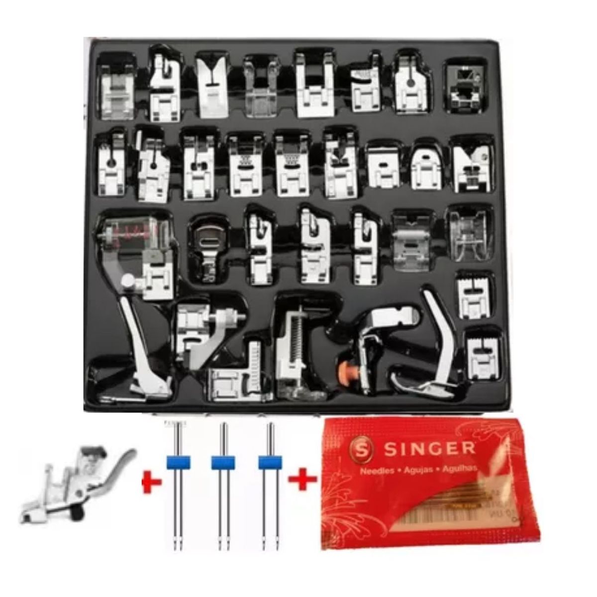 GENERICO - set 32 prensatelas, 3 agujas gemelas 10 aguja singer soporte