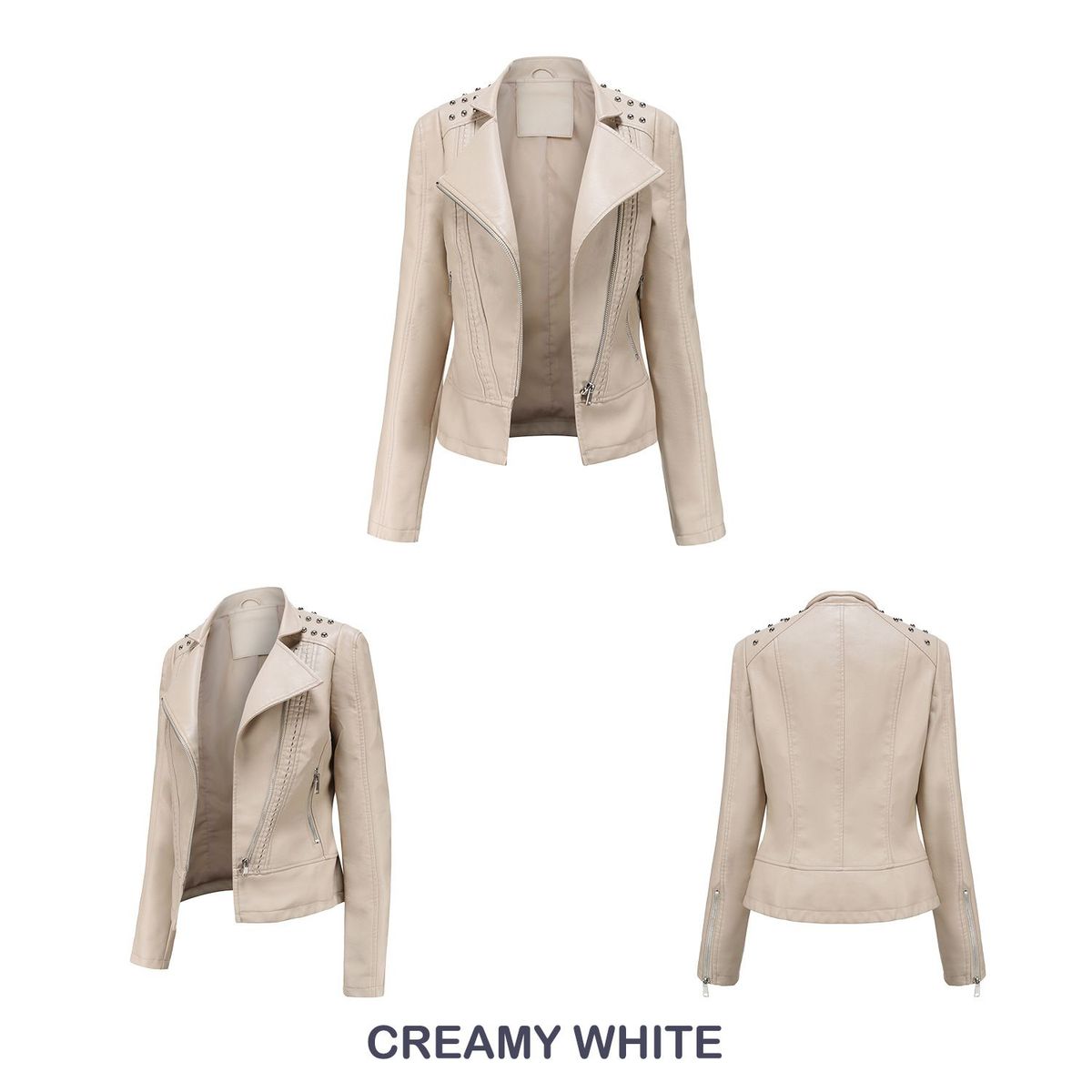 BLWOENS - Chaqueta de tipo cuero PU con remaches de liso para mujer-Beige