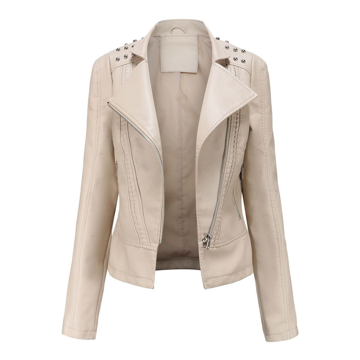 BLWOENS - Chaqueta de tipo cuero PU con remaches de liso para mujer-Beige