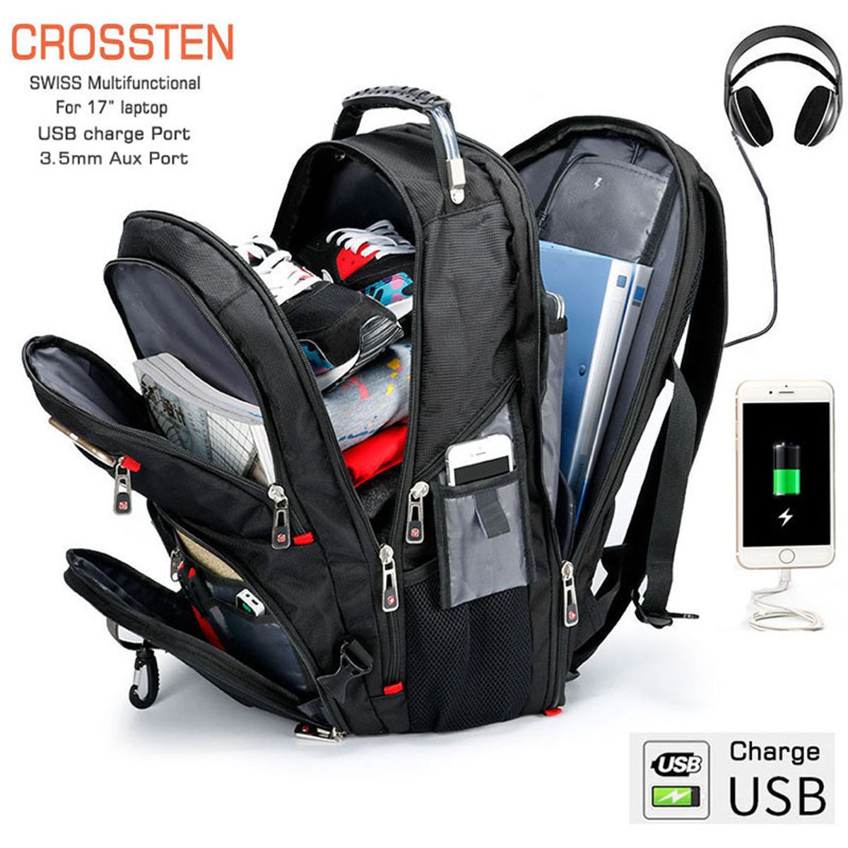 PUREPOWER - Mochila USB Crossten Swiss multifuncional impermeable para portátil