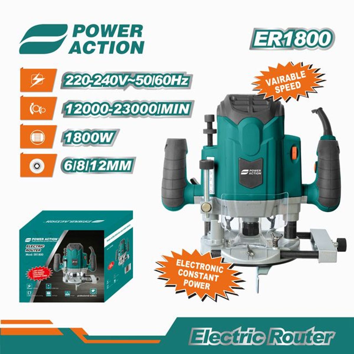 GENERICO - RUTEADORA FRESADORA 1800W CANTEADORA INDUSTRIAL POWER ACTION