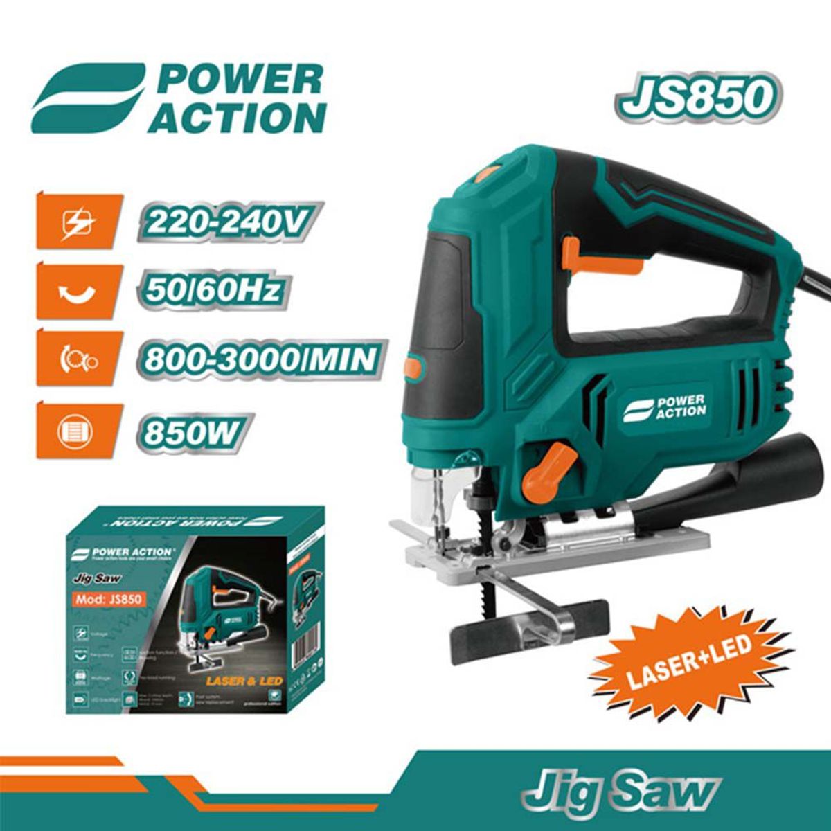 POWER ACTION - SIERRA CALADORA 850W CORTADORA DE METAL Y MADERALUZ LASER POWER ACTIO