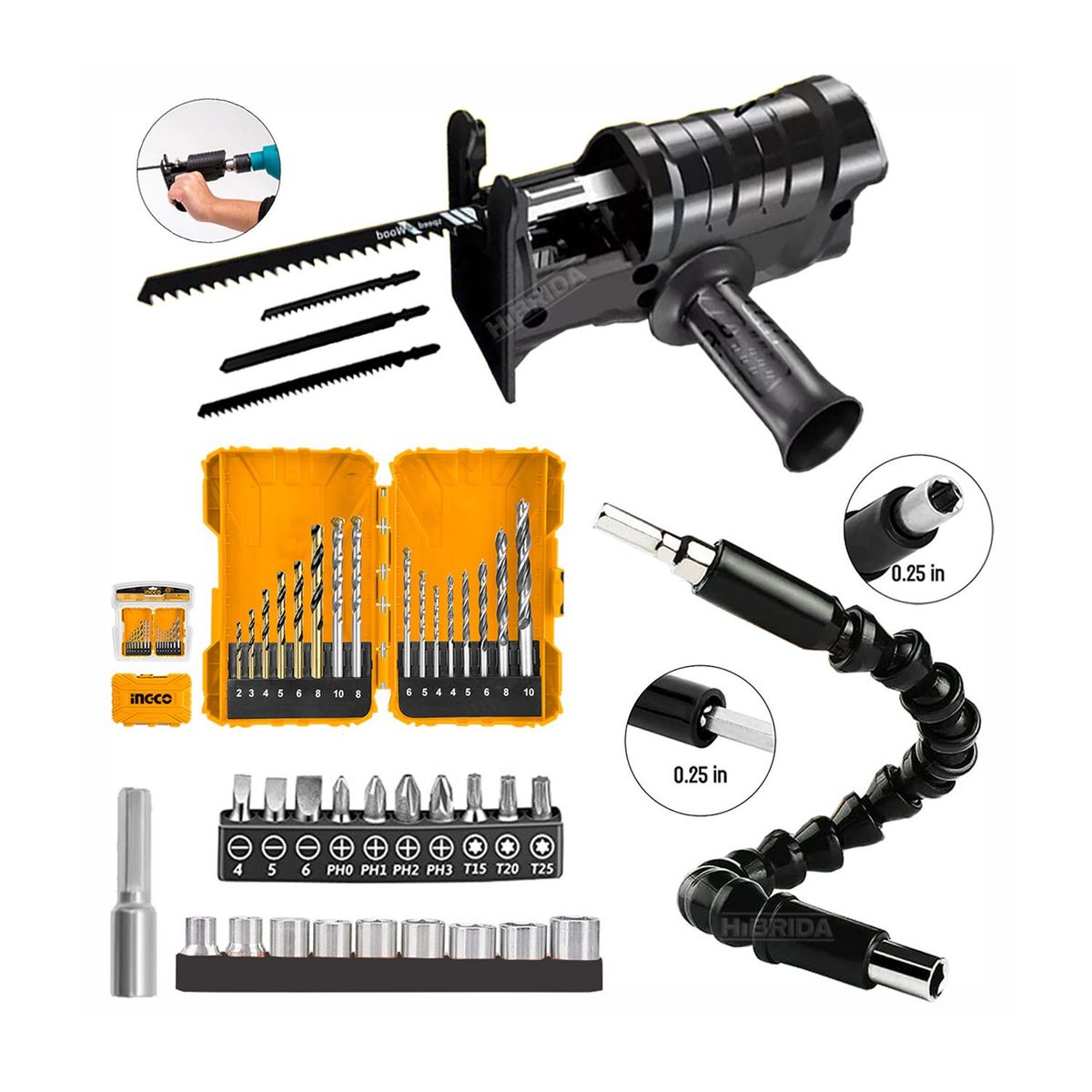 INGCO TOOLS - COMBO CALADORA ADAPTADOR TALADRO SET BROCAS EXTENSOR PUNTAS DADOS