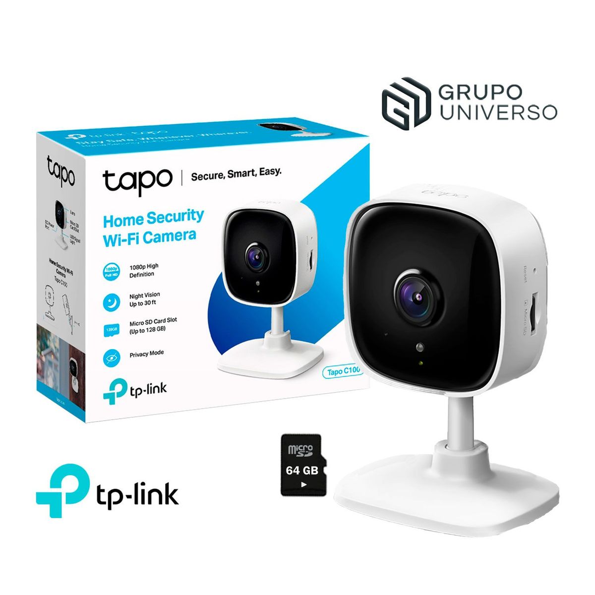 TP LINK - Cámara de Vigilancia Wi-Fi Tapo C100 1080P Interior + SD 64GB
