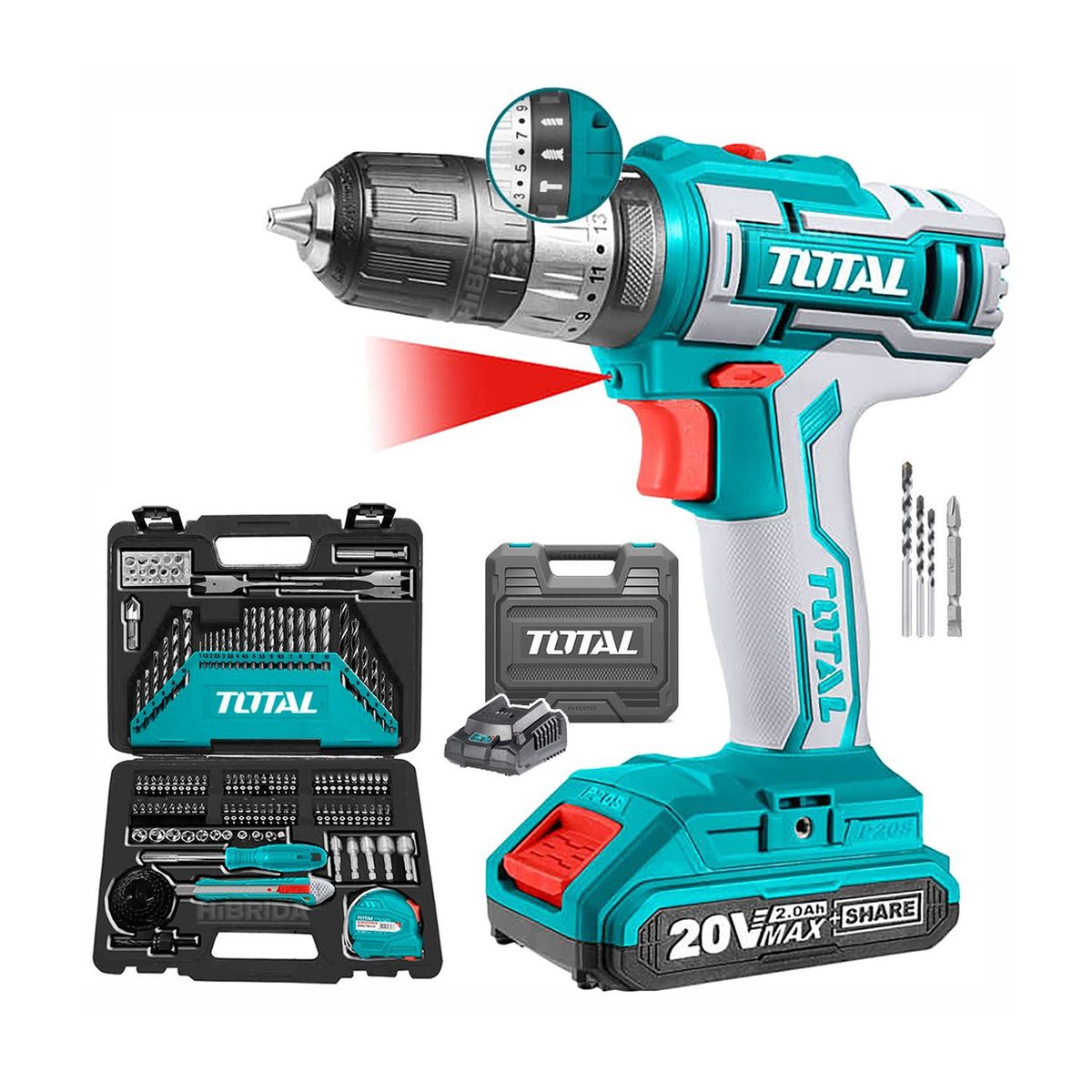 TOTAL TOOLS - COMBO TALADRO ATORNILLADOR PERCUTOR 3/8' 20V + 1BAT  + SET BROCAS