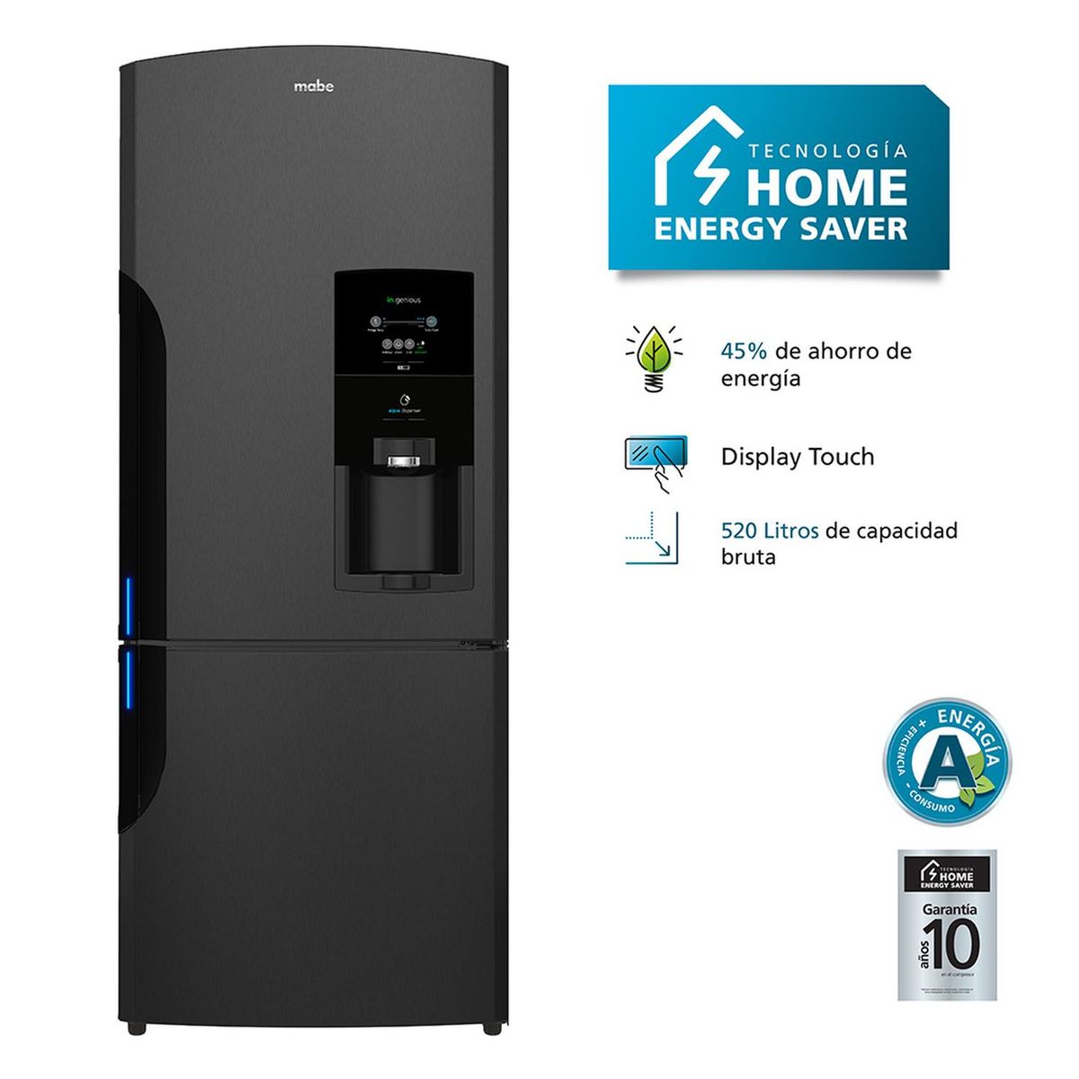 MABE - Refrigerador Bottom Freezer 491 Ltrs Netos Black Steel Mabe RMB520IBPRP0