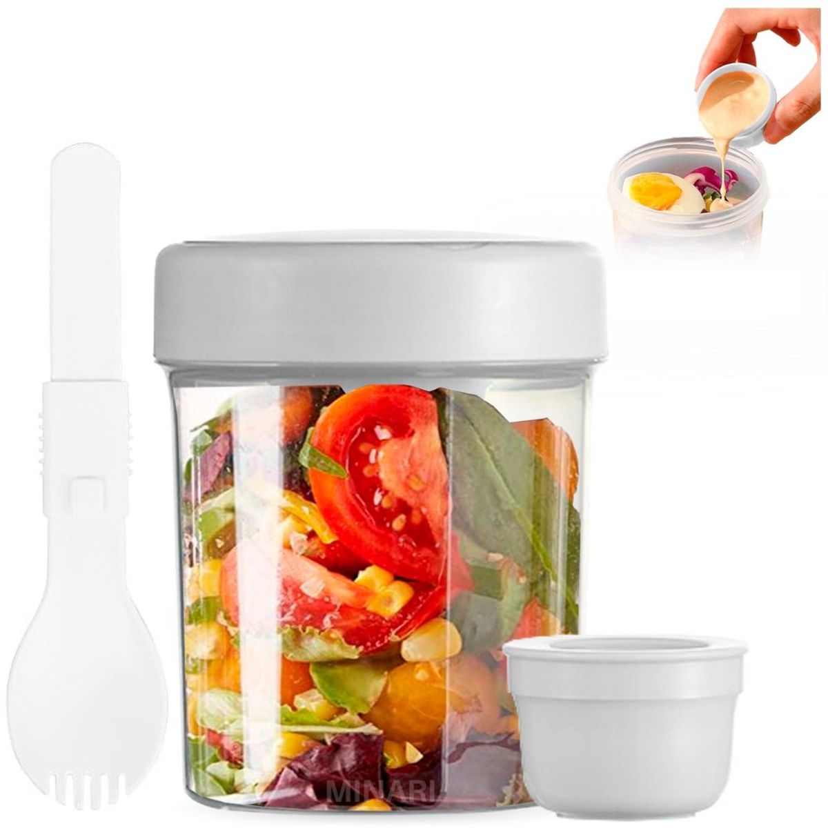 MINARI - Táper Mezclador Porta Ensaladas Frutas Yogurt Cereales con Cubierto BL T089