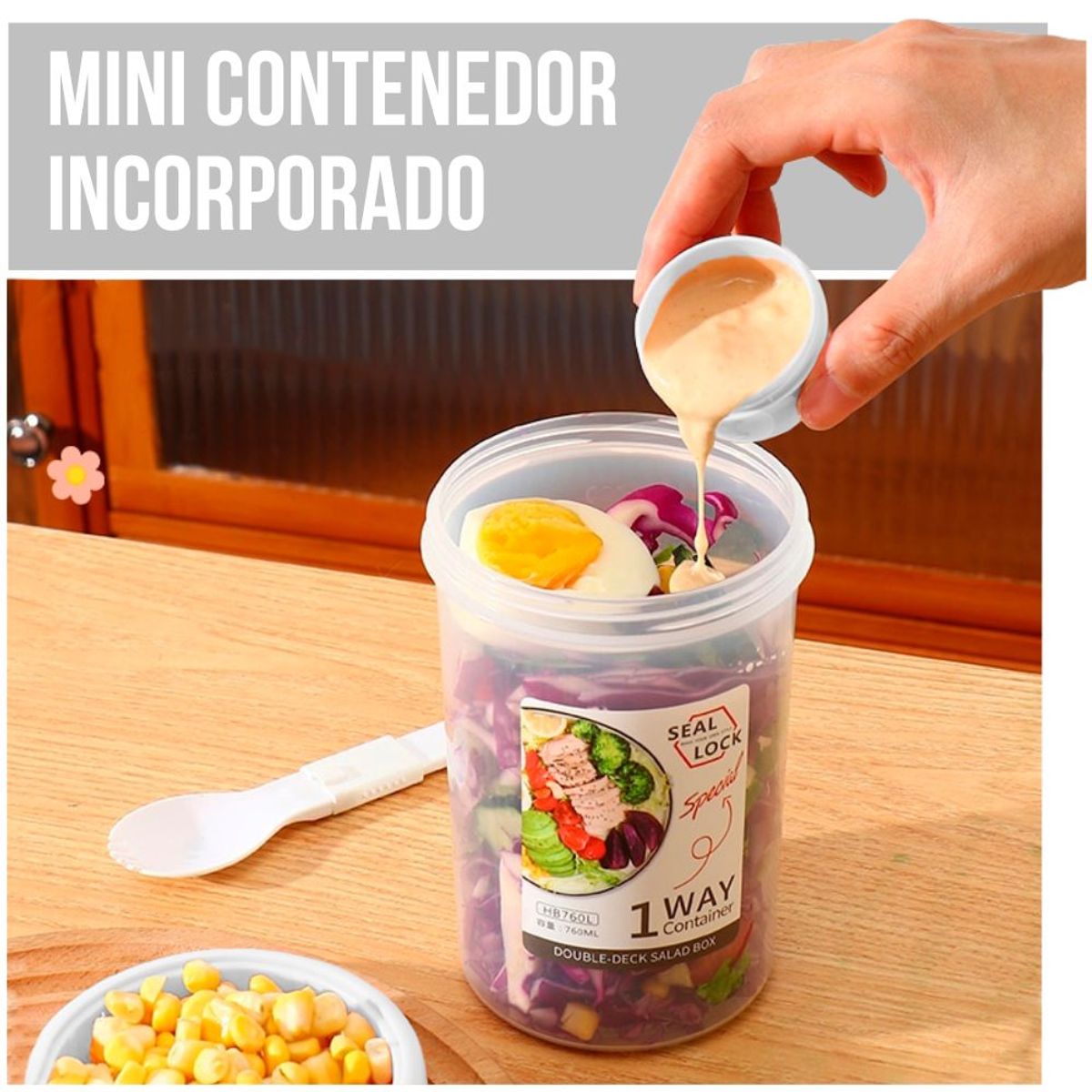 MINARI - Táper Mezclador Porta Ensaladas Frutas Yogurt Cereales con Cubierto BL T089