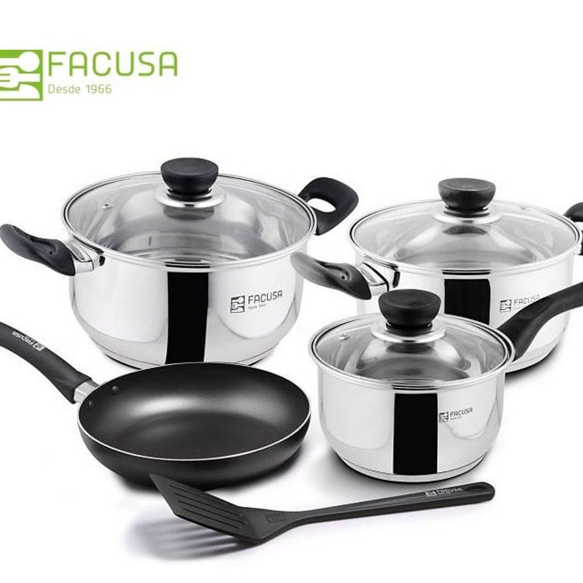 FACUSA - Juego de Ollas 8 Piezas Acero Inoxidable con tapa de vidrio Facusa