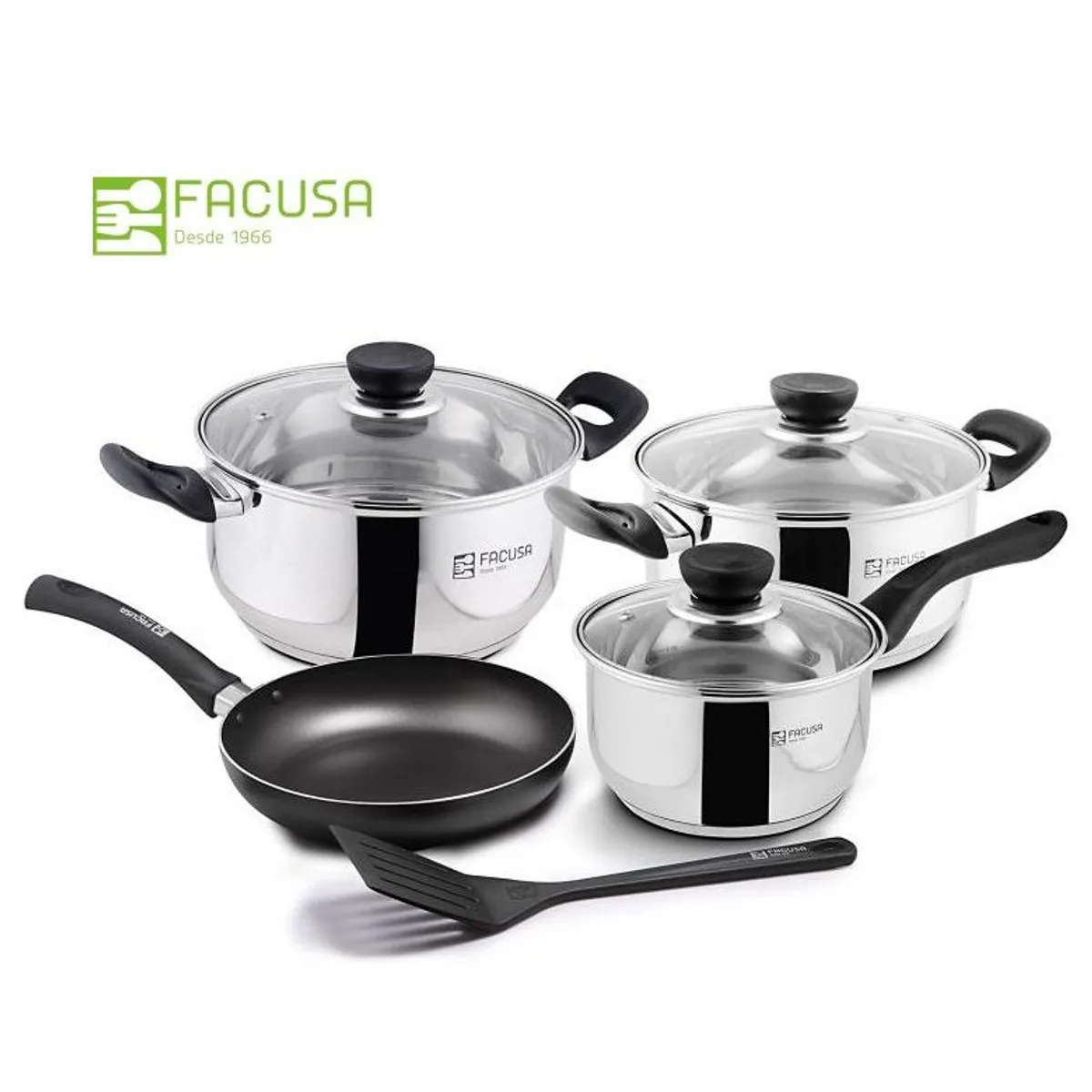 FACUSA - Juego de Ollas 8 Piezas Acero Inoxidable con tapa de vidrio Facusa