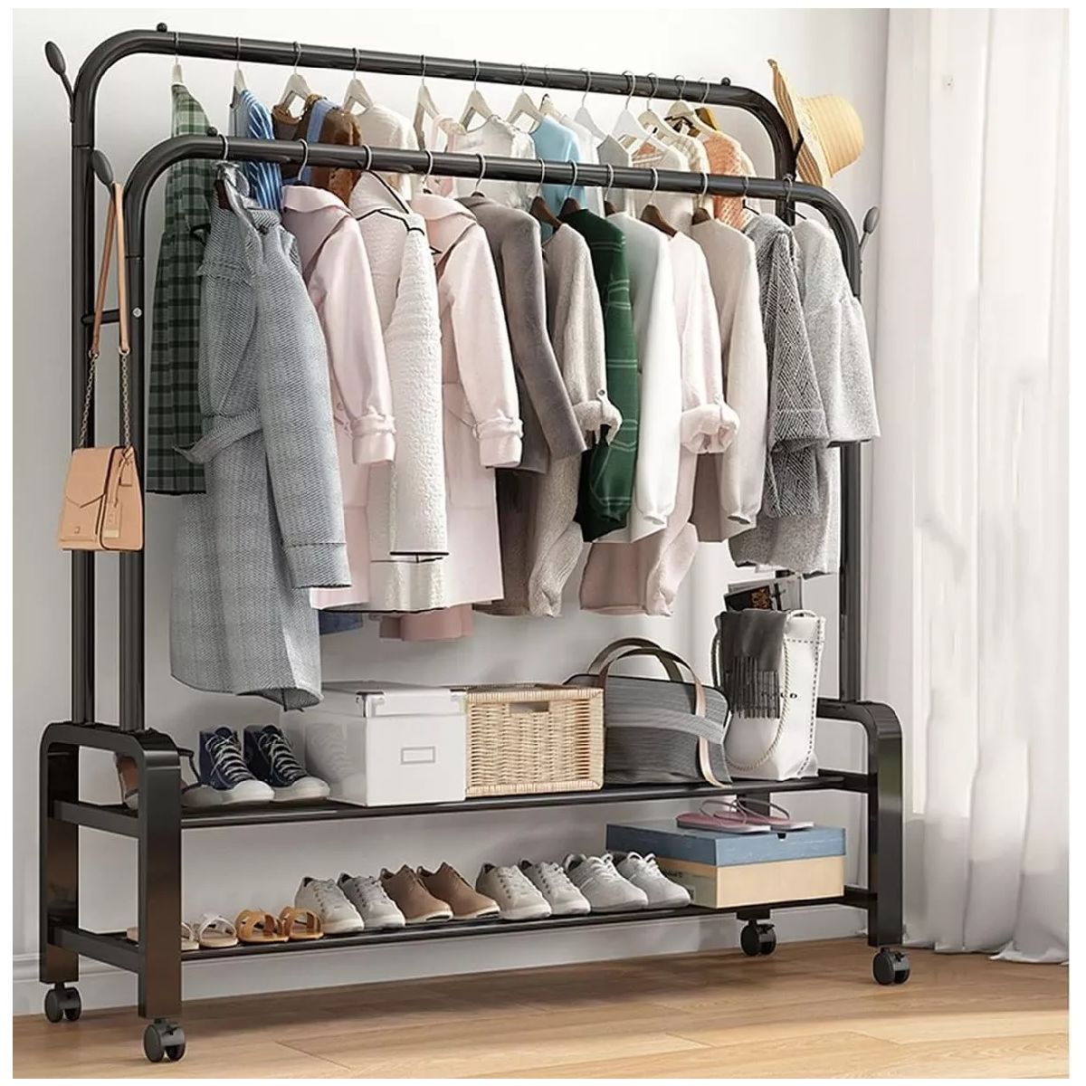 GENERICO - Perchero Colgador Doble Organizador de 2 Repisas con Ruedas PREMIUM